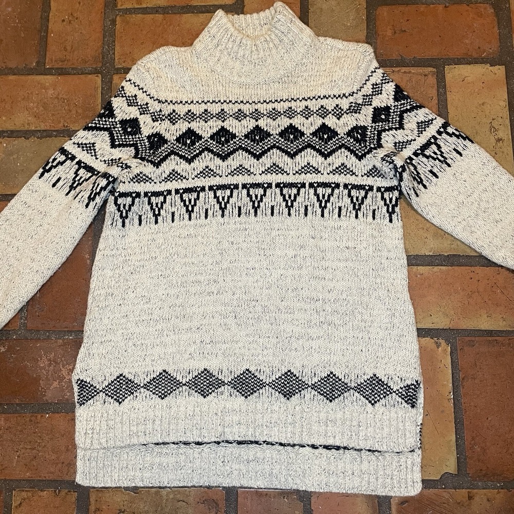 LL Bean Signature Sweater Womens Medium Mock Turtle Neck Cream Fair-isle